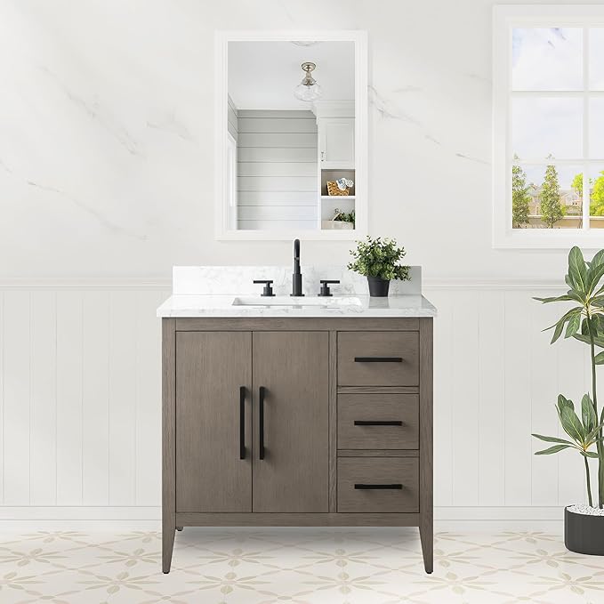 HomeBeyond 36 Inch Bathroom Vanity with Sink & Ceramic Top, Single Vanity Cabinet with Basin, Soft-Closing Doors & Matte Black Hardware, Driftwood Gray