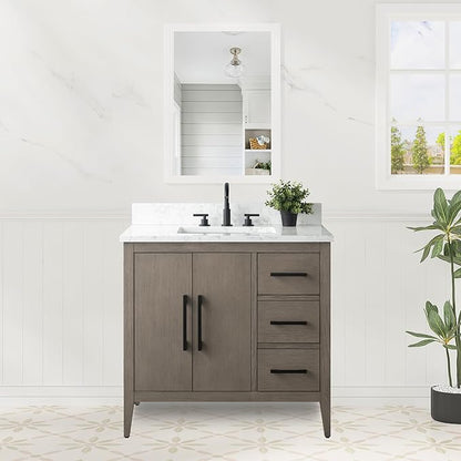 HomeBeyond 36 Inch Bathroom Vanity with Sink & Ceramic Top, Single Vanity Cabinet with Basin, Soft-Closing Doors & Matte Black Hardware, Driftwood Gray