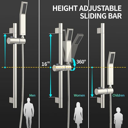 SR SUN RISE 10 Inch Square Shower System with Slide Bar,Brushed Nickel | Rain Head and Handle System,16" Adjustable Shower Slide Bar,Soild Brass,Wall Mount,Included Valve and Trim Kit