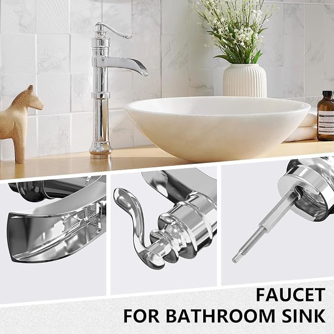 Polished Chrome Vessel Sink Faucet Brass Tall Waterfall Bathroom Faucet | Bathroom Sink Faucets Single Handle with Pop Up Drain Without Overflow and Supply Hoses Mixer Tap Deck Mount by BATHLAVISH