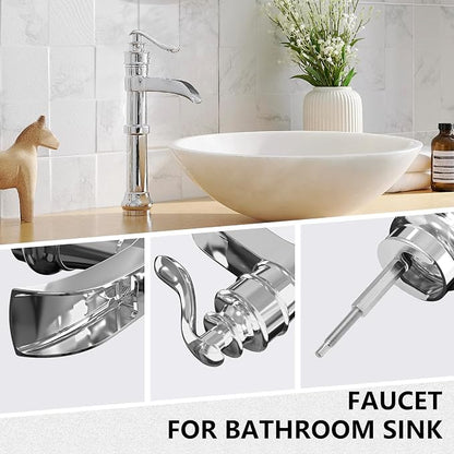 Polished Chrome Vessel Sink Faucet Brass Tall Waterfall Bathroom Faucet | Bathroom Sink Faucets Single Handle with Pop Up Drain Without Overflow and Supply Hoses Mixer Tap Deck Mount by BATHLAVISH