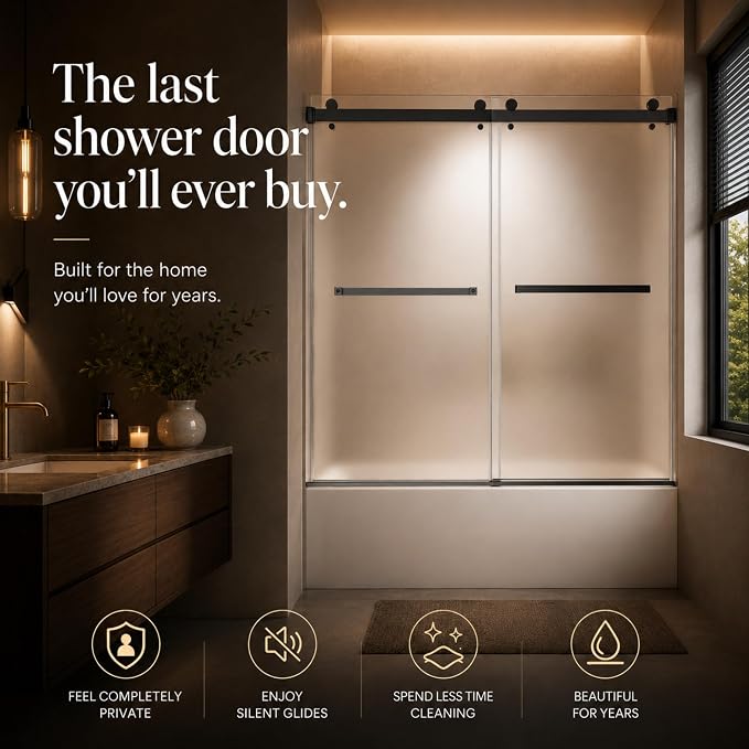 Frameless Shower Door,Frosted Sliding Shower Door for Bathtub, 56-60" W x 60" H-1/4” (6mm), 304 Stainless Steel Hardware, Nano Easy-Clean Glass, Quiet Rollers, Matte Black
