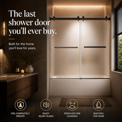 Frameless Shower Door,Frosted Sliding Shower Door for Bathtub, 56-60" W x 60" H-1/4” (6mm), 304 Stainless Steel Hardware, Nano Easy-Clean Glass, Quiet Rollers, Matte Black