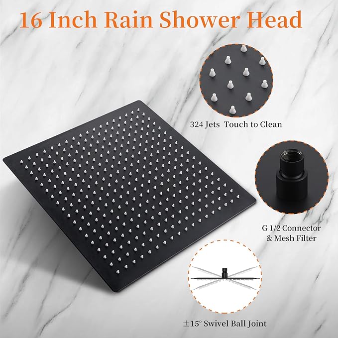 16 Inch Square Rain Shower Head | 304 Stainless Steel, 324 Jets, Ultra Thin High Pressure Bathroom Rainfall Showerhead, Matte Black
