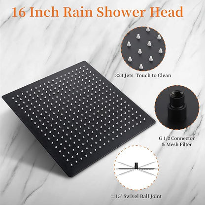 16 Inch Square Rain Shower Head | 304 Stainless Steel, 324 Jets, Ultra Thin High Pressure Bathroom Rainfall Showerhead, Matte Black