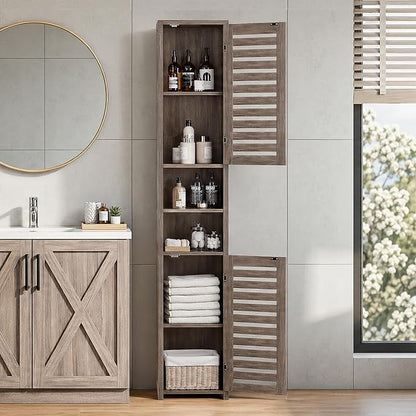 VECELO Tall Bathroom Cabinet with 2 Doors, 67" H Narrow Storage Unit with Adjustable Shelves for Small Spaces, Living Room, Entryway Corners, Greige