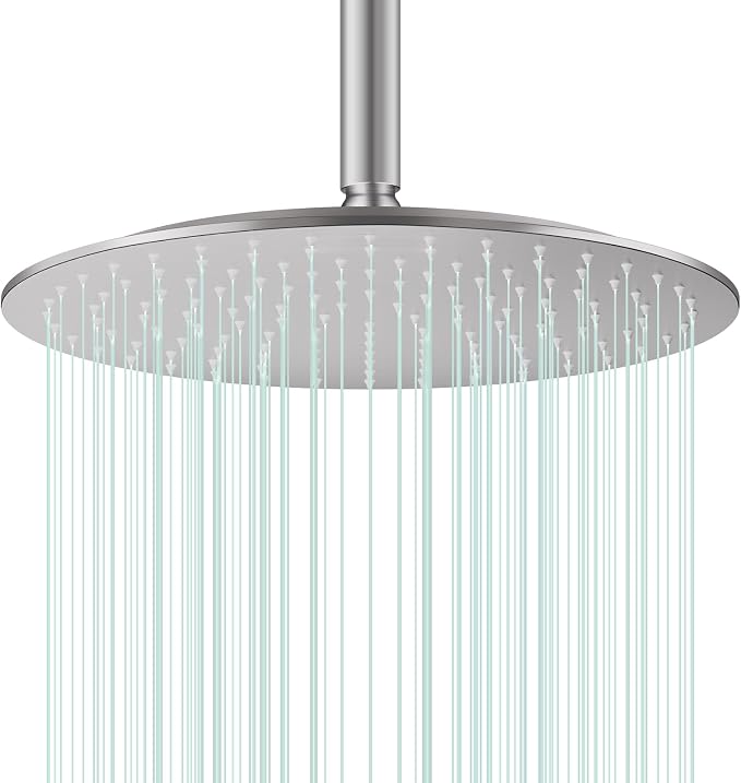 All Metal Rain Shower Head - Heavy Duty Stainless Steel, Easy Install, High Water Flow, Ultra-Thin Modern Design for Bathroom (Brushed Nickel, 12)