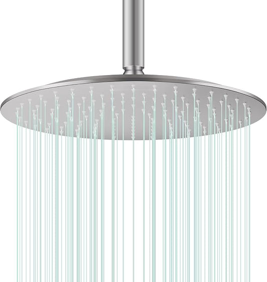 All Metal Rain Shower Head - Heavy Duty Stainless Steel, Easy Install, High Water Flow, Ultra-Thin Modern Design for Bathroom (Brushed Nickel, 12)