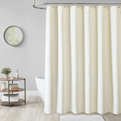 Extra Wide Waffle Shower Curtain 256 GSM Fabric 108x72 Cream/Ivory | 108 Inch Wide, Thick Cloth, Weighted Hem, Water Repellent, Hotel Luxury Polyester Shower Curtain Set for Bathroom 18 Hooks