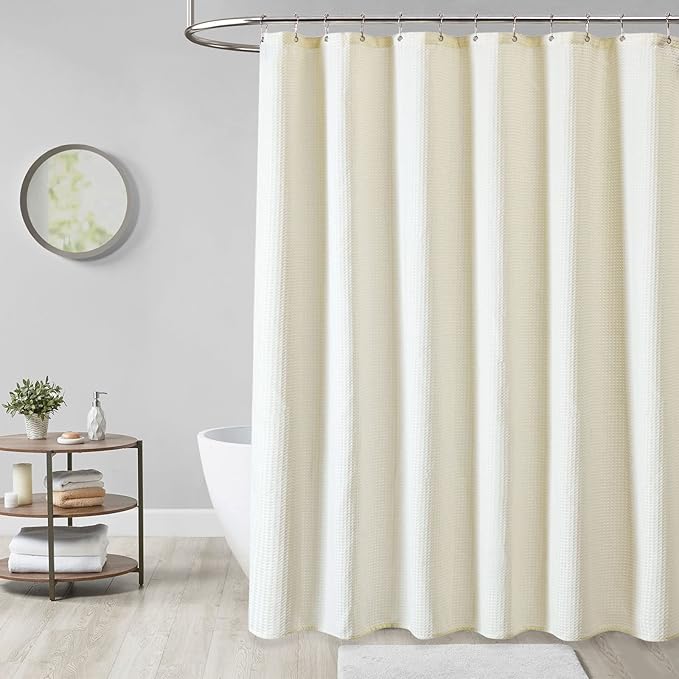 Extra Wide Waffle Shower Curtain 256 GSM Fabric 180x72 Cream/Ivory | 180 Inch Wide, Thick Cloth, Weighted Hem, Water Repellent, Hotel Luxury Polyester Shower Curtain Set for Bathroom 32 Hooks