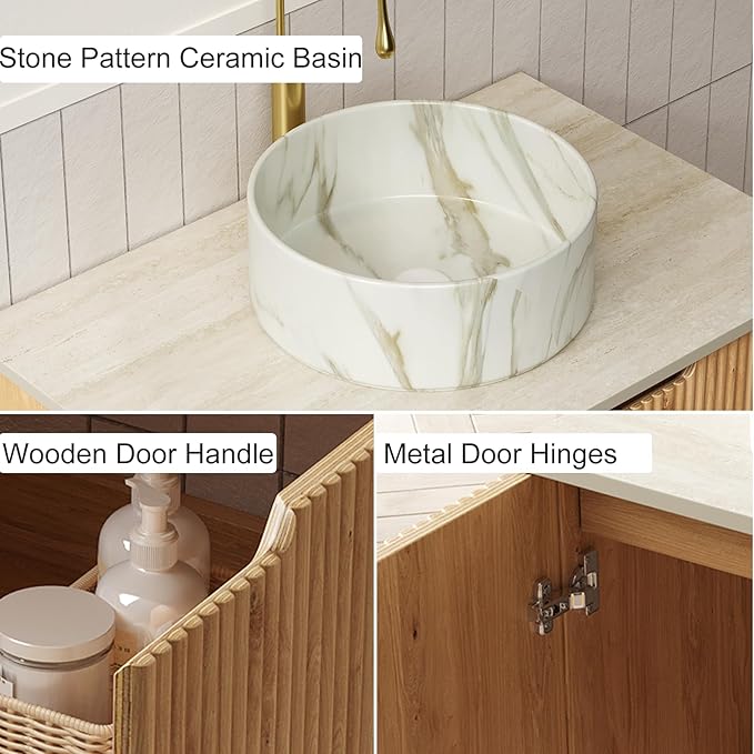 30" Bathroom Vanity with Sink, Freestanding Modern Bathroom Storage Cabinet with Marble Ceramic Basin and Roma Travertine-Pattern Sintered Stone Countertop, Soft Closing Door, Natural Wood