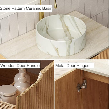 30" Bathroom Vanity with Sink, Freestanding Modern Bathroom Storage Cabinet with Marble Ceramic Basin and Roma Travertine-Pattern Sintered Stone Countertop, Soft Closing Door, Natural Wood