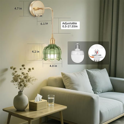 Battery Operated Wall Sconces CCT Dimmable Wireless Sconces Set of 2, Vintage Light Fixture with Green Flower Glass Lampshade Wall Decor Set of 2 for Living Room Bedroom Bedside Bathroom