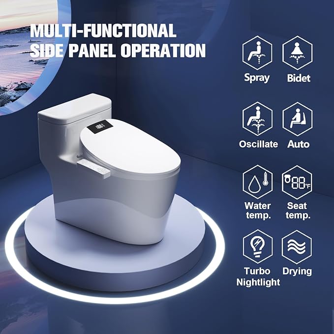 Toilet Bidet Seat, Instant Warm Water, Self-Cleaning Nozzle, Multiple Spraying Modes, Electric Heated Seat, Warm Air Drying, Soft Closed Lid, Display Screen, Requires Electricity, Elongated