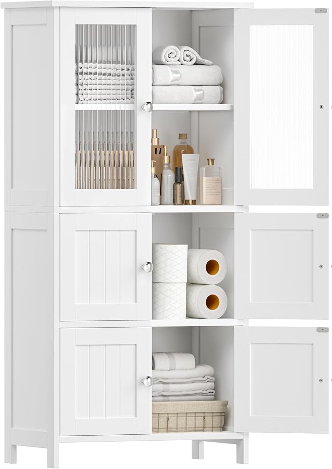 Akxomel 43.3'' H Bathroom Storage Cabinet with 6 Doors Adjustable Shelf | Bathroom Floor Cabinet, Linen Cabinet with Transparent Doors, Modern Bathroom Cabinet, Living Room, Kitchen, White