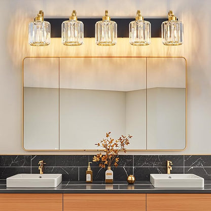 Black Gold Crystal Crooked Vanity Lights Over Mirror 5 Lights Bathroom Wall Lighting Fixtures with Round Shade (Exclude Bulb)
