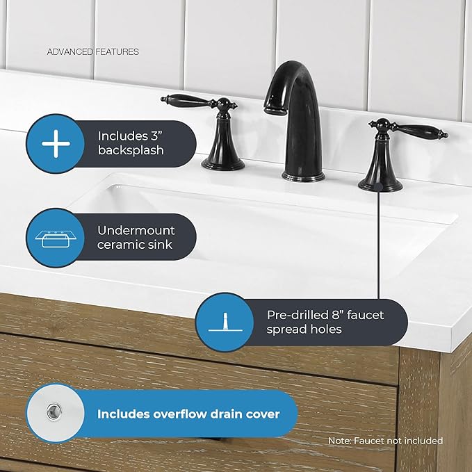 OVE Decors Bailey 60 in. Double Sink Freestanding Driftwood Oak Bathroom Vanity with White Quartz Top, Matching Backsplash and Power Bar