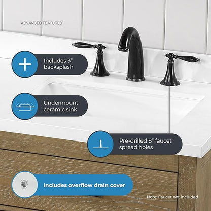 OVE Decors Bailey 60 in. Double Sink Freestanding Driftwood Oak Bathroom Vanity with White Quartz Top, Matching Backsplash and Power Bar