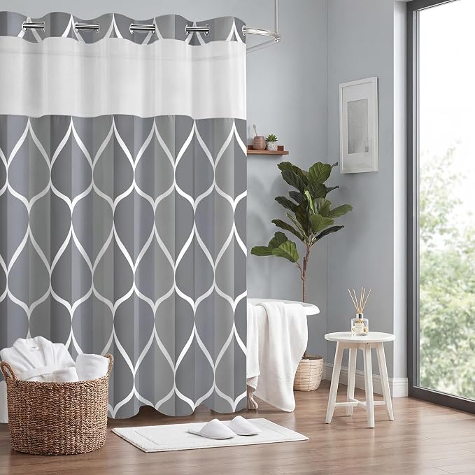 Gelbchu Dark Gray No Hook Shower Curtain with Snap-in Liner, 71 x 74 Inch | Built-In Hooks, Mesh Top Window, Water-Repellent, Machine Washable, Quick Drying, Premium Polyester, Hotel Style, Modern
