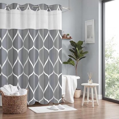 Gelbchu Dark Gray No Hook Shower Curtain with Snap-in Liner, 71 x 74 Inch | Built-In Hooks, Mesh Top Window, Water-Repellent, Machine Washable, Quick Drying, Premium Polyester, Hotel Style, Modern