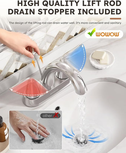 WOWOW Bathroom Faucet 2 Handle 4 Inch Centerset Bathroom Sink Faucet Lead-Free Basin Mixer Tap Lift Rod Drain Stopper, Two-Handle Center-Set Lavatory Faucet Chrome