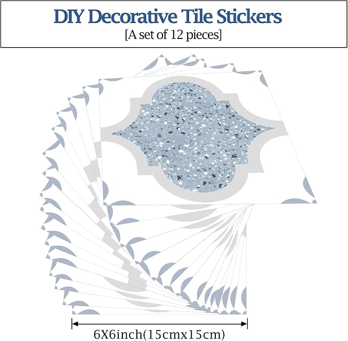 Peel & Stick Tile Stickers 12 PCS Self Adhesive Backsplash Decorative Wall Stickers for Kitchen Bathroom Tile Decals Waterproof & Removable 6" x 6" Blue Terrazzo