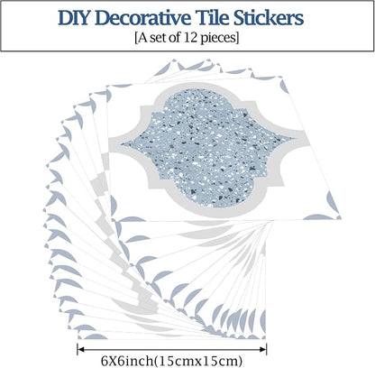 Peel & Stick Tile Stickers 12 PCS Self Adhesive Backsplash Decorative Wall Stickers for Kitchen Bathroom Tile Decals Waterproof & Removable 6" x 6" Blue Terrazzo
