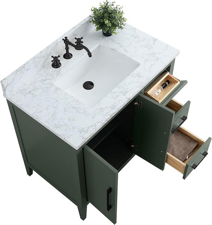 HomeBeyond 36 Inch Bathroom Vanity with Sink & Ceramic Top, Single Vanity Cabinet with Basin, Soft-Closing Doors & Matte Black Hardware, Vintage Green