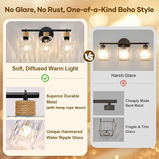 MOKATNG Bathroom Light Fixtures, 3-Light Coastal Vanity Lights with Crystal Glass Shade, Black Bathroom Wall Lamp for Mirror Kitchen Hallway Cabinet