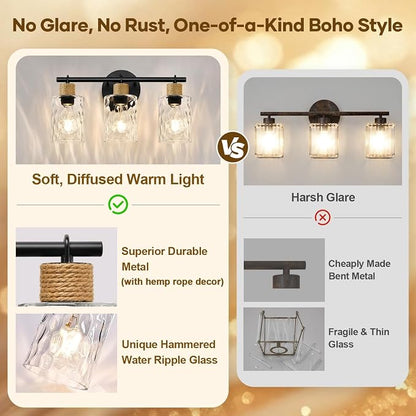 MOKATNG Bathroom Light Fixtures, 3-Light Coastal Vanity Lights with Crystal Glass Shade, Black Bathroom Wall Lamp for Mirror Kitchen Hallway Cabinet