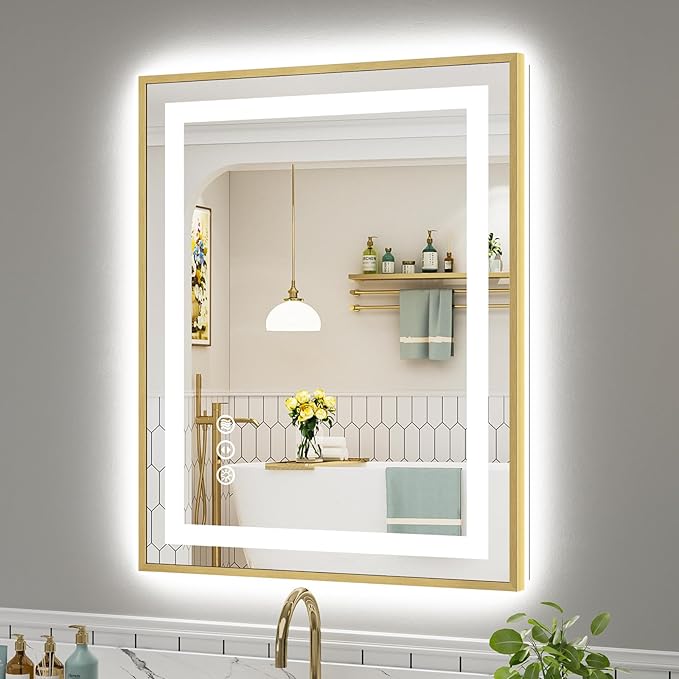 28x36 Inch LED Bathroom Mirror with Gold Frame, Backlit & Front Lit, Anti-Fog Lighted Bathroom Vanity Mirror for Wall, Memory Function, Dimmable, HD Tempered Glass, Shatter-Proof