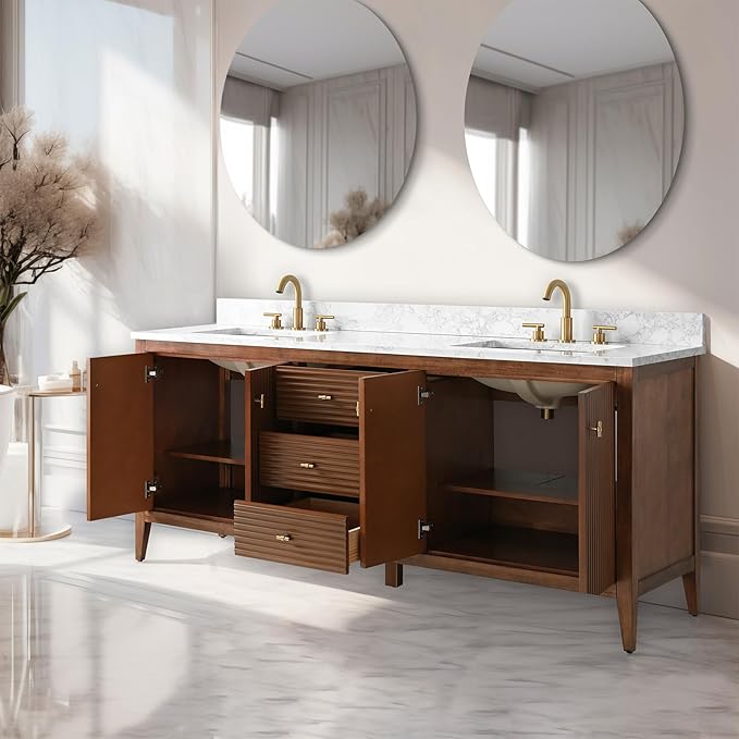Vanity Art 72 inch Walnut Bathroom Vanity with Double Sink & Ceramic Top, Vanity Cabinet with Soft-Closing Door, Solid Wood Frame, Linear Pattern, Walnut, VA9172-DWalnut-MB,Matte Black Handles