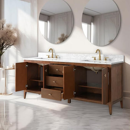 Vanity Art 72 inch Bathroom Vanity with Double Sink & Ceramic Top, Vanity Cabinet with Soft-Closing Door, Solid Wood Frame, Linear Pattern, Walnut, Golden Brushed Handware VA9172-DWalnut-GB