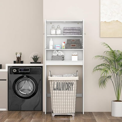 Giantex Over-The-Toilet Storage Cabinet, 3-Tier Freestanding Bathroom Rack w/Slat-Door Cabinet & 3-Position Adjustable Shelf, Space-Saving Storage Organizer for Bathroom, Washroom, Laundry Room
