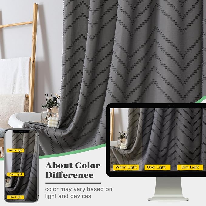 Boho Shower Curtain, Grey Fabric Cloth Shower Curtains Farmhouse Tufted Chevron Striped Textured with Tassel for Bathroom, Soft Hotel Style Modern Minimalist, Machine Washable, 72x72, Grey