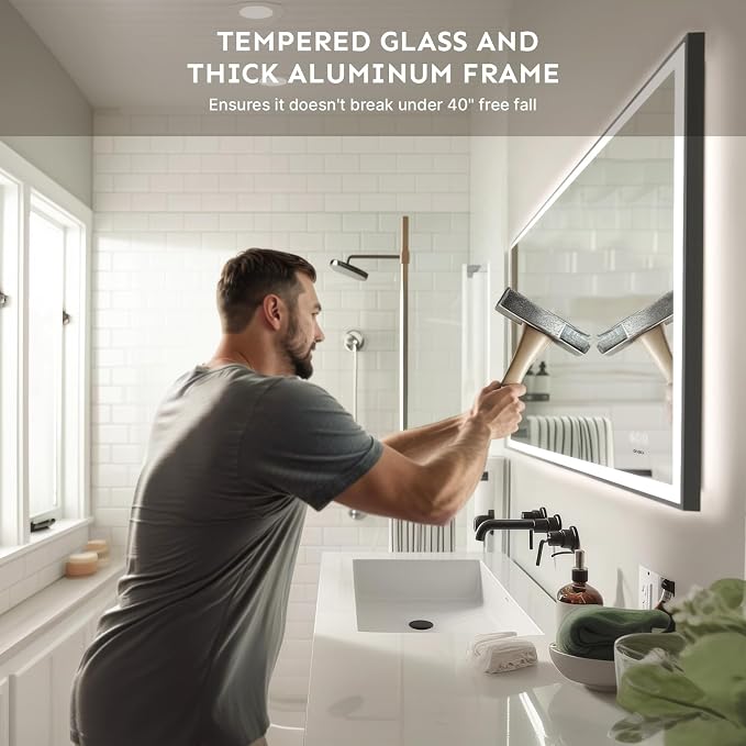 36x60 Inch LED Bathroom Mirror, Front & Backlit | Extra Large Wall Mount Vanity Mirror, Anti-Fog Dimmable 3 Color Temperature Memory Function, Aluminum Frame Tempered Glass