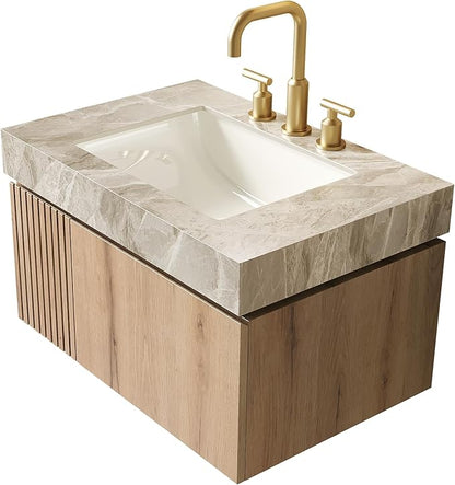 KEIKI 30 Inch Floating Bathroom Vanity with Sink, Modern Wall Mounted Storage Cabinet with Drawer, Pre-Assembled Waterproof Wood Panels, Sintered Stone Top & Ceramic Basin Combo Set, White Oak & Grey