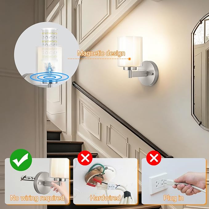 Battery Operated Wall Sconce Set of 2, Wireless Wall Sconce with Remote,10000mAh Rechargeable RGB Dimmable Bathroom Light Fixtures with Double Clear Glass Shade NOT Hardwired (Nickel)