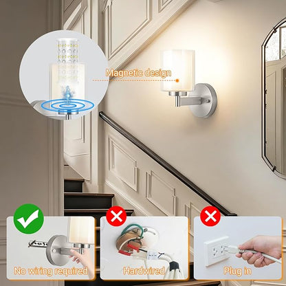 Battery Operated Wall Sconce Set of 2, Wireless Wall Sconce with Remote,10000mAh Rechargeable RGB Dimmable Bathroom Light Fixtures with Double Clear Glass Shade NOT Hardwired (Nickel)