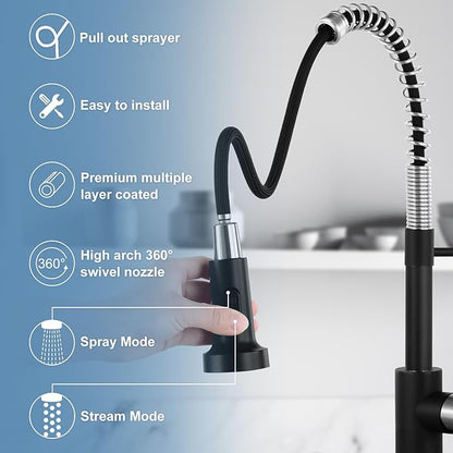 DJS Kitchen Faucets with Pull Down Sprayer Matte Black & Brushed Nickel - Single Handle 1 or 3 Holes Spring Kitchen Sink Faucet with Deck Plate for Farmhouse RV Vessel Basin