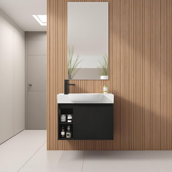 26" Wall Mounted Bathroom Vanity with Sink, Small Vanity, Dark Oak | Integrated Ceramic Sink, Soft-Close Door & 2 Open Storage Shelves, Small Bath Vanity Set, Easy to Clean