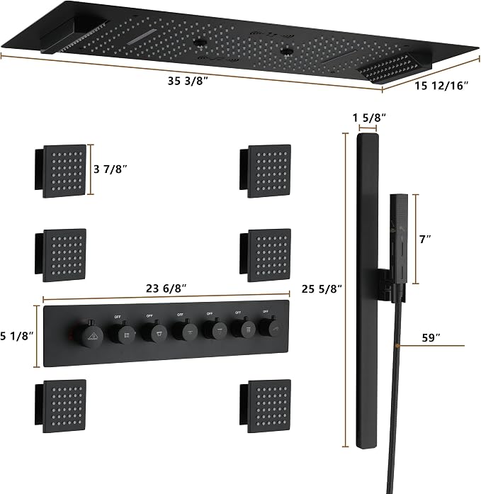 CASAINC 35x16 Inch Thermostatic Shower System Luxury 6 Functions Full Body Shower System, Multifunctional Shower Jets System with Sliding Rod 2 in 1 Handheld, LED & Music (Matte Black)