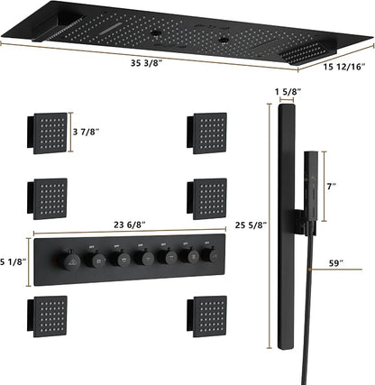 CASAINC 35x16 Inch Thermostatic Shower System Luxury 6 Functions Full Body Shower System, Multifunctional Shower Jets System with Sliding Rod 2 in 1 Handheld, LED & Music (Matte Black)