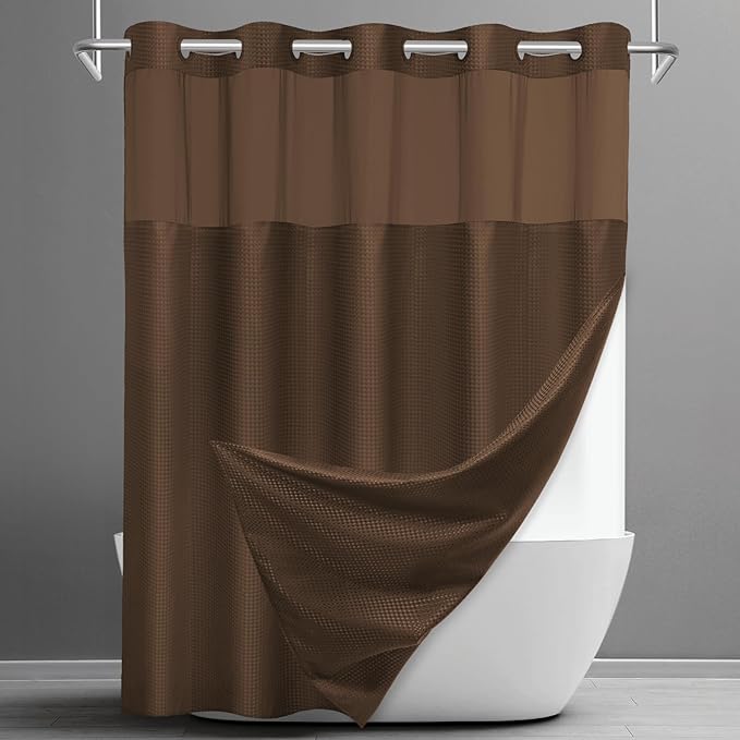 SORTTO No Hook Shower Curtain with Snap in Liner Set Waffle Shower Curtain for Bathroom Hotel Style Fabric Waterproof Inner Liner，71" W x 74" H, Brown