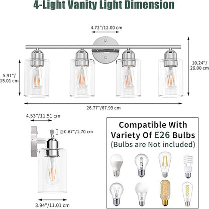 Espird Bathroom Vanity Light Fixtures Polished Chrome,4 Lights Rustic Farmhouse Vanity Bar Lighting Over Mirror Modern Industrial Wall Sconces Lamp with Cylinder Glass Shade