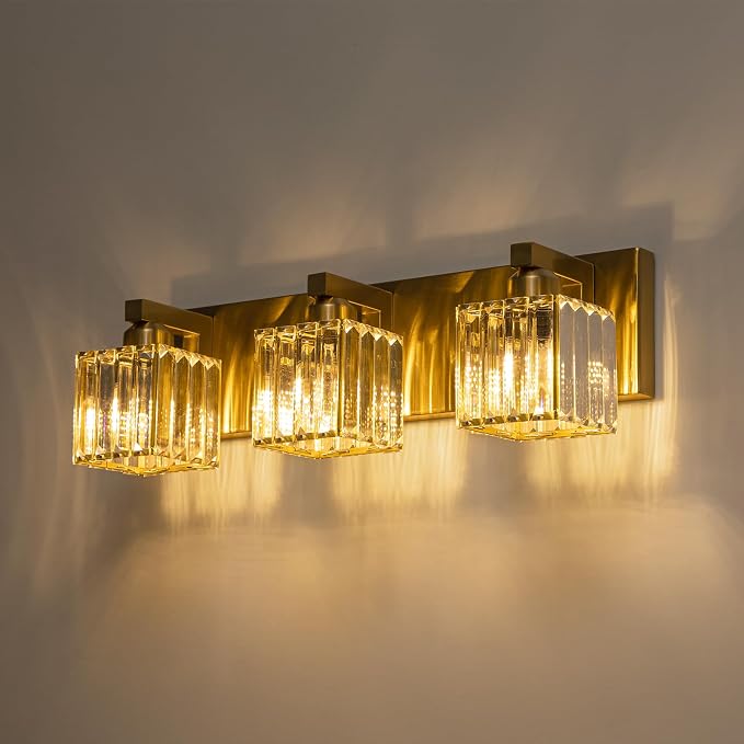 Gold Crystal Bathroom Vanity Lights Modern 3-Lights Bathroom Lighting Fixtures Over Mirror, Gold Crystal Wall Light with Square Shade