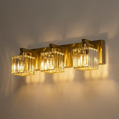 Gold Crystal Bathroom Vanity Lights Modern 3-Lights Bathroom Lighting Fixtures Over Mirror, Gold Crystal Wall Light with Square Shade