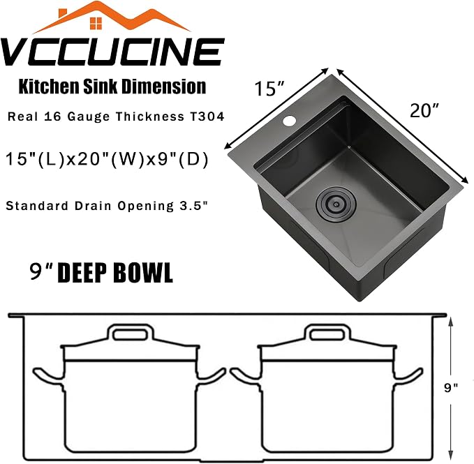 15x20 Inch Gunmetal Black Drop-in Bar Sink, Single Bowl, 16 Gauge Stainless Steel, Topmount, Modern, Workstation Sink with Accessories