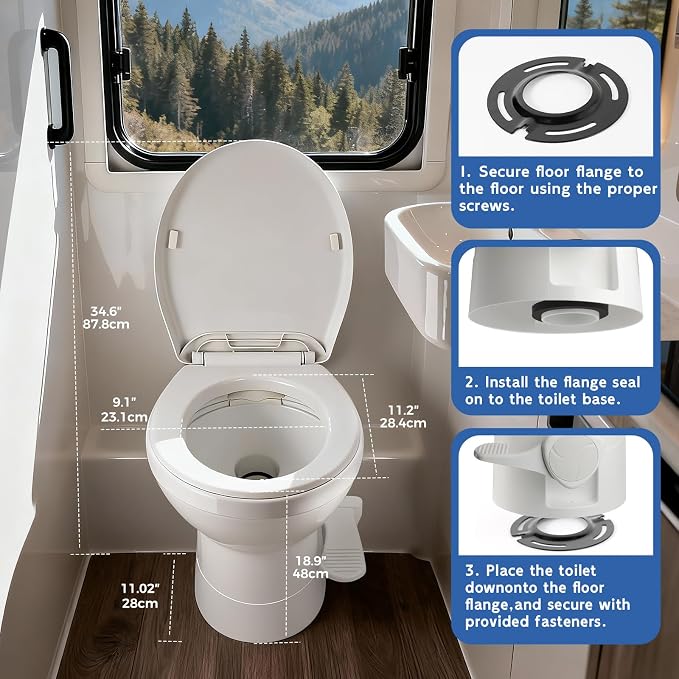 Gravity Flush RV Toilet, White, ABS Plastic with Foot Pedal Flush Mechanism, Standard Height, RV-Specific Model