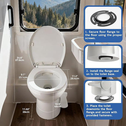 Gravity Flush RV Toilet, White, ABS Plastic with Foot Pedal Flush Mechanism, Standard Height, RV-Specific Model